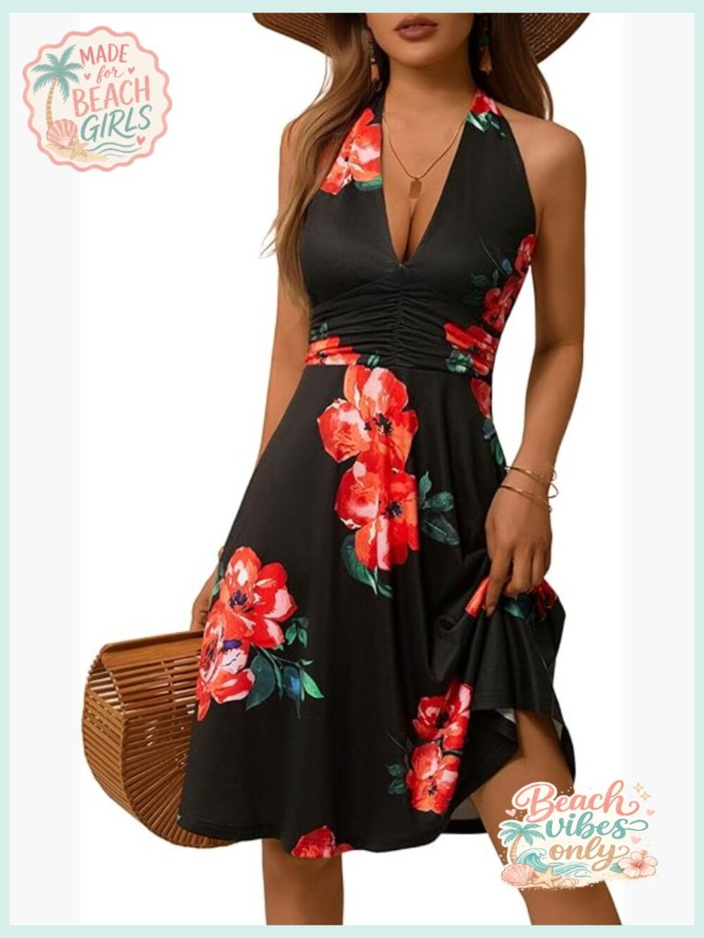 Sleeveless Halter Neck Mini Sundress with Pockets Elastic Waist Ruffle - Picture 1 of 7